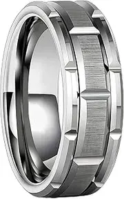 [Mulmoy] 8 mm Men's Black Stainless Steel Ring Vintage Silvery Meteorite Inlaid Jewelry Dome Men Promise Ring Men's Wedding Band