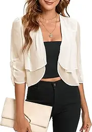 [Famulily] Women's Summer Soft Chiffon Shrugs Scarf Ruffle Cropped Blazer Cardigan Tops Half Sleeve Thin Bolero Cardigan