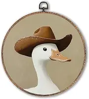 [Hxlac] Western Cowboy Duck Round Wall Art Framed, Vintage Western Round Wall Decor, Funny Retro Duck Hanging Canvas Prints Wall Sculptures for Home Bedroom Living Room Decor, 10x10 Inch