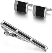 [KUHBDIE] Men's Business Tie Clip Cufflinks Set Black Enamel Cuff Tie Clip Cufflinks