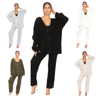 Ladies Chunky Knitted Button Up Cardigan Wide Leg Trousers Suit Lounge Wear Set
