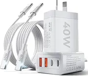 USB C Fast Charger - 2Pack 40W Dual USB C Wall Charger - 4 Port 20W USB C Power Adapter with Dual PD USBC Charger with C to C Fast Charging Cable Compatible iPhone,Mac Book Air,Laptop