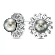 8.0mm Grey Cultured Tahitian Pearl and Baguette Lab-Created White Sapphire Flower Frame Stud Earrings in Sterling Silver