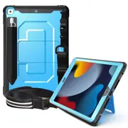 For Apple iPad 8th Gen 10.2 inch 2020 Cover For Kids Pen Pencil Holder Shockproof Protective Kickstand Shoulder Belt Carry Strap Back Stand Case (Blue)