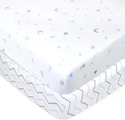 TL Care 2 Pack Printed 100% Natural Cotton Jersey Knit Fitted Portable/Mini-Crib Sheet,Blue Stars/Zigzag, Soft Breathable, for Boys and Girls