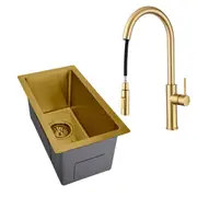 ACA 450x250mm Gold Kitchen Sink Stainless Steel Laundry Single Bowl With Pull Out Kitchen Tap Set