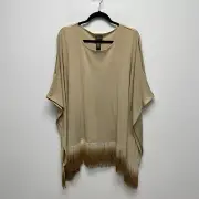 Chicos Travelers Womens Canella Tan Classic Short Sleeve Fringe Hem Top L/XL $89