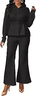 [VERWIN] 2 Piece Outfits Belted Long Sleeve Sweatsuit Button Up Top and Wide Leg Pants Set Shirt Tracksuit Lapel Neck Sweatshirts, Black, M