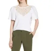 Nordstrom Signature Lace Crochet Yoke Knit Flutter Sleeve Top NWT Sz Small