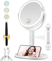 Makeup Mirror with Lights, Double Sided 1x/20x Magnifying Mirror with Light, Rechargeable 3 Color Lights and Adjustable Brightness Vanity Mirror, 360° Rotation Detachable for Travel with Tweezer