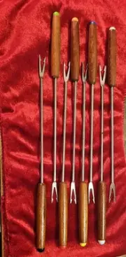 Set Of 8, Color-Tipped Teak Handled, Stainless Fondue/ Hor'doevre 9.7" Forks