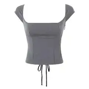 Cap-Sleeve Square Neck Plain Crop Top / Mini Pencil Skirt Top - Gray - L