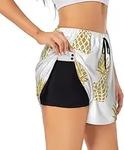 [JBYJBX] Gold Pineapple Background Print Shorts Athletic Running Women's Workout Pockets Gym Quick-Dry Sport Hiking Elastic