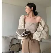 Plain Cardigan / Knit Tube Top / Plain High-Waist Pants / Knit Midi Skirt (Various Designs) Cardigan - Coffee - One Size