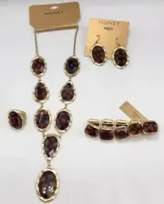 4Pc NEW 60’s Monet Gold Brown Tortoise Shell 12” Necklace Earrings Bracelet Ring