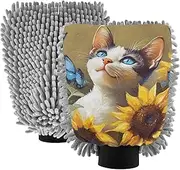 XYMZR Absorbent Microfiber Car Wash Mitt Peterbald Cat Sunflower, Funny Cute Anime Scratch Free for Cars Cleaning, Home Cleaning Mitts, 2 Pack, 10.24” L x 7.09” W