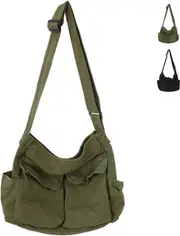 Morakot Canvas Tote Bag, Messenger Bag with Pockets Large Shoulder Hobo Crossbody Bag for Women and Men Army Green