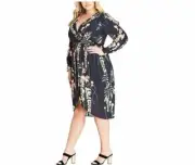 City Chic Womens Plus L/20 Hothouse Vine Navy Long Sleeve Belt Wrap Dress NWTF73