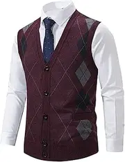 [SWJGLITTR] Men’s Knitted Sleeveless Cardigans Wool Blend Big and Tall Sleeveless Vest Lightweight Thermal Cardigan Vests, Wine Red, Large