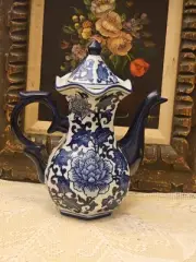 Vintage Blue & White Tall Teapot; Porcelain W/Floral Design & Removable Lid