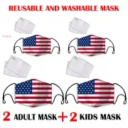 4 PCS USA flag KIDS ADULT Reusable ANTI-FOG Face Mask , 2 PM2.5 Filters