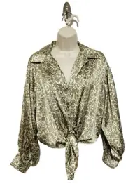 topshop top blouse 12 Lt Green Paisley pleated button down V neck front tie