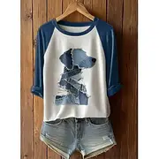 Women's T Shirt Graphic Animal Dog Vintage Stylish Classic Long Sleeve Crew Neck Long Tops Daily Print Blue Light Blue Summer Spring