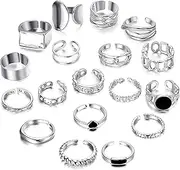 [Kakonia] Bohemian Knuckle Vintage Rings for Women Man Girls Boys，Adjustable Chunky Finger Stackable Midi Fashion Finger Turquoise Bead Accessories Silver Plated Retro Ring Set （18Pcs）
