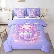 Feelyou Kids Cute Axolotl Comforter Set with Sheets Full Size, Galaxy Planet Space 7 Pieces Bedding Set Boys Girls Cartoon Animal Bed in A Bag Dreamy Starry Teens Bed Set Bedroom Decor 7Pcs