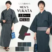 Japanese Men's Traditional Seersucker Yukata Kimono Pre-Tied Obi Set New Japan