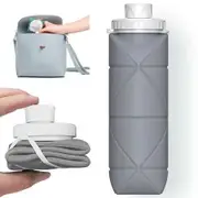 BPA Free Silicone Collapsible Water Bottle with Leakproof Valve, Durable for Travel, Sports, and Outdoor Activities(20oz,Grey)