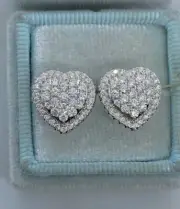 Real Moissanite 1.50Ct Round Cut Heart Cluster Stud Earrings White Gold Plated