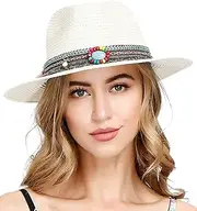 [Cauplse] Beach Sunhats for Women Travel, Wide Brim Panama Sun Hat Roll Up Summer Straw Hats for Holidays, Pool,Park,Party,Gardening, Foldable & Packable, Milky White