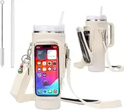 Water Bottle Holder with Strap - Neoprene Sleeve - Adjustable Shoulder and Hand Sling - Phone Pocket Glass Straw and Brush - 40 oz Stanley Cup Accessories