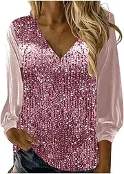 Sequin Sweaters for Women V Neck Sparkly Glitter Tops Long Sleeve Velvet Shirt Christmas Party Outfits for Women