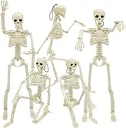 5 Packs Halloween Skeleton Decorations, 16" Halloween Full Body Mini Skeleton with Movable Posable Joints, Spooky Plastic Skeleton for Yard Garden Lawn Haunted House Graveyard Props Decor