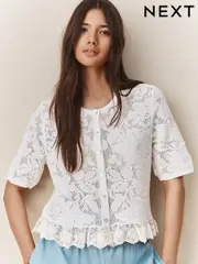 White Ecru Lace-Up Button Frill Half Sleeve Top (AV3989) | $73