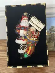 NEW IN BOX - 2010 Makenzie Childs Holly Santa Glass Ornament. Smoke Free Home