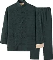 [NTWSHS] Chinese Clothing Jacquard Tang Suit Men Chinese Traditional Clothing, Martial Arts Suit Kung Fu Uniforms Cotton Linen Tai Chi Clothes Zen Meditation Uniform Long Sleeve Shirt and Pan(Green,M-L)