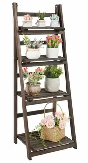 Wooden Ladder Plant Stand Magazine Holder with Shelf Pot Organizer Display Rack