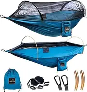 AnorTrek Professional Camping Hammock with Mosquito Net, Lightweight Portable Double Hammock with Two 10 FT Hammock Tree Straps, 230T Nylon Hammock for Camping Hiking Garden Backpacking (Blue)