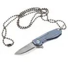 (Blue)Camping Knife Damascus Steel Blade Titanium Alloy Handle Folding Pocke DS