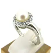 .925 Sterling Silver Pearl & Cubic Zirconia Ladies Ring Size 6 3/4