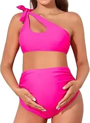[Summer Mae] Maternity Two-Piece Swimsuit Bikini Set Cutout One Shoulder Bathing Suit Tie Side Pregnancy Swimwear