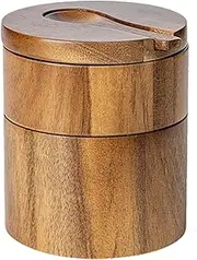 Wooden Salt Box - Sea Salt Container Box Built-in Spoon | Salt Keeper, Round Kitchen Salt Holder, Salt Pepper Box with Double Layer for Kitchen Condiment