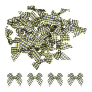 30Pcs Mini Gingham Ribbon Bow 1.5" Checkered Fabric Satin Light Blue and Yellow