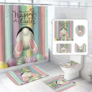 4pcs Easter Shower Curtain Sets with Non-Slip Rugs Toilet Lid Cover and Bath Mat Bunny Easter Bathroom Curtain Decor Set with 12 Hooks Waterproof Shower Curtain Set for Bathroom (Easter1)