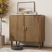 Smuxee Walnut Sideboard Cabinet, Freestanding Buffet Cabinet with Line Groove Design, Wood Storage Cabinet with Adjustable Shelf for Living Room, Entryway, Hallway