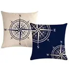 Set of 2 Nautical Navy Blue Throw Pillow Covers Coastal Sailing Compass Cushi...