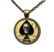 Black Ace of Spades Gothic Skull - Handmade ROUND Glass Pendant Necklace
